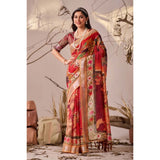 Women's Faux_Linen Printed Saree With Unstitched Blouse 5.5Mtr (Red)