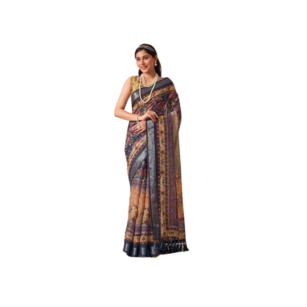 Women's Faux_Linen Printed Saree With Unstitched Blouse 5.5Mtr (Navy_Blue)
