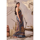 Women's Faux_Linen Printed Saree With Unstitched Blouse 5.5Mtr (Navy_Blue)