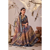 Women's Faux_Linen Printed Saree With Unstitched Blouse 5.5Mtr (Navy_Blue)