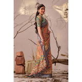 Women's Faux_Linen Printed Saree With Unstitched Blouse 5.5Mtr (Orange)