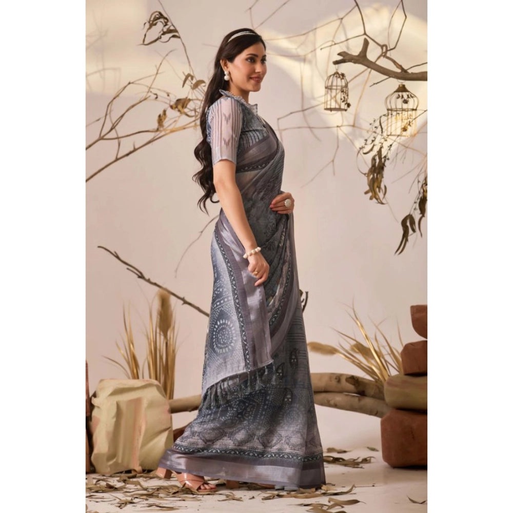 Light grey faux linen printed saree with unstitched blouse, 5.5mtr (close-up detail)