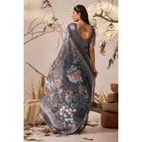 Light grey faux linen printed saree with unstitched blouse, 5.5mtr on model