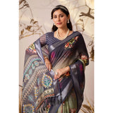 Women's Faux_Linen Printed Saree With Unstitched Blouse 5.5Mtr (Navy_Blue)
