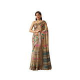 Women's Faux_Linen Printed Saree With Unstitched Blouse 5.5Mtr (Beige)