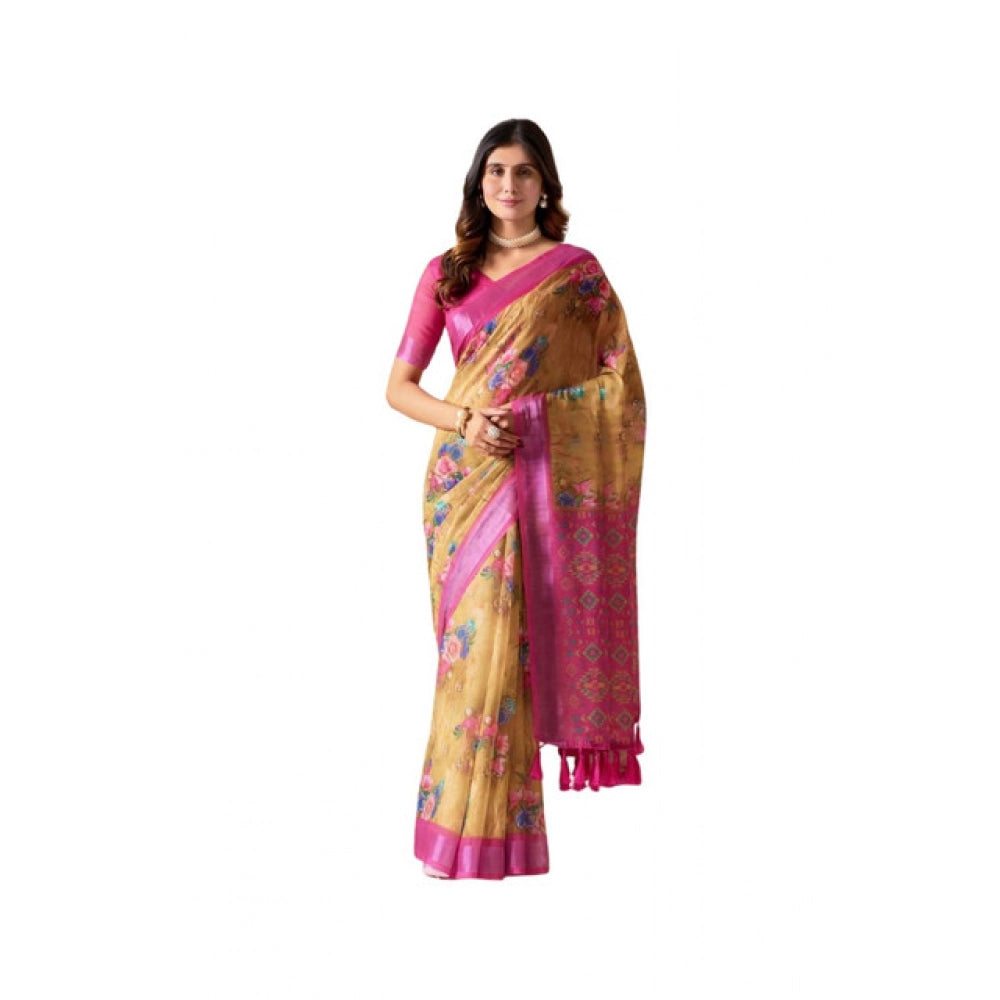 Women's Faux_Linen Printed Saree With Unstitched Blouse 5.5Mtr (Gold)