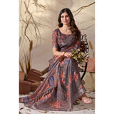 Women's Faux_Linen Printed Saree With Unstitched Blouse 5.5Mtr (Light_Brown)