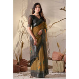Women's Faux_Linen Printed Saree With Unstitched Blouse 5.5Mtr (Mustard)