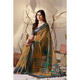 Women's Faux_Linen Printed Saree With Unstitched Blouse 5.5Mtr (Mustard)