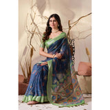 Women's Faux_Linen Printed Saree With Unstitched Blouse 5.5Mtr (Navy_Blue)