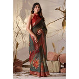 Women's Faux_Linen Printed Saree With Unstitched Blouse 5.5Mtr (Dark_Green)