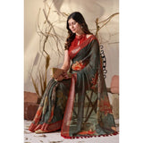 Women's Faux_Linen Printed Saree With Unstitched Blouse 5.5Mtr (Dark_Green)