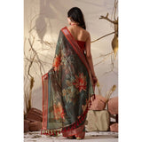 Women's Faux_Linen Printed Saree With Unstitched Blouse 5.5Mtr (Dark_Green)