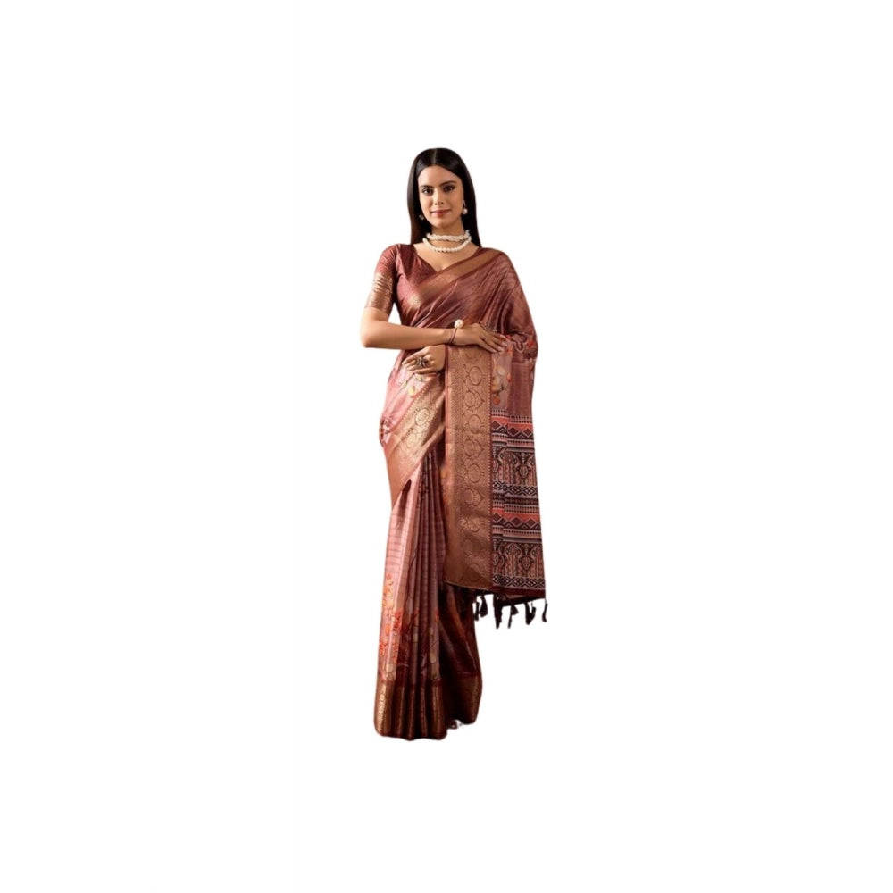Women's Faux_Silk Printed Saree With Unstitched Blouse 5.5Mtr (Brown)