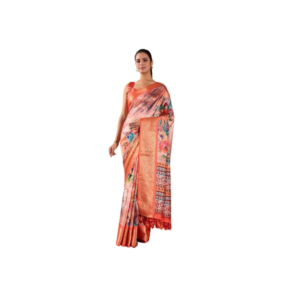 Women's Faux_Silk Printed Saree With Unstitched Blouse 5.5Mtr (Peach)