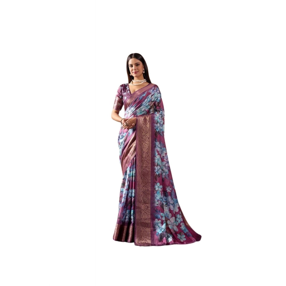 Blue faux silk printed saree with unstitched blouse, 5.5mtr length on mannequin