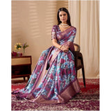Blue faux-silk printed saree with unstitched blouse (5.5Mtr)