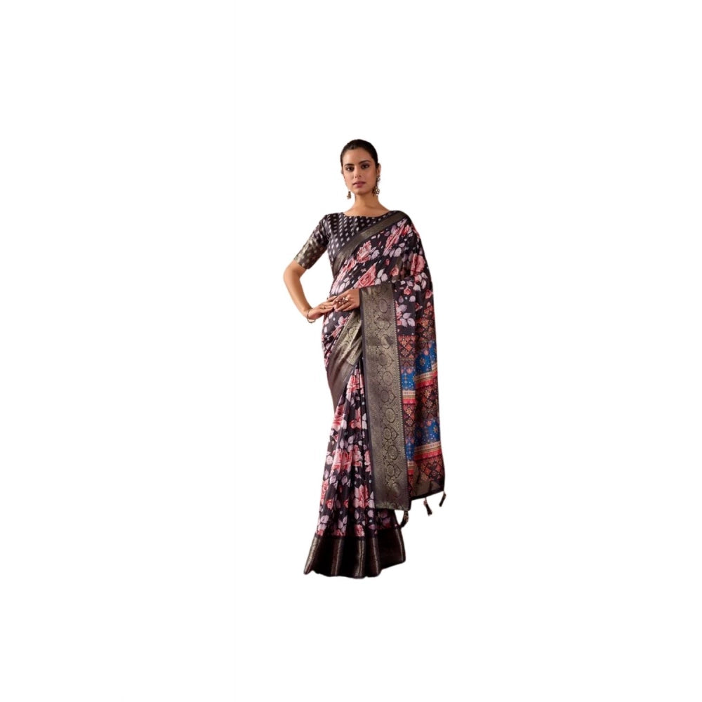 Women's Faux_Silk Printed Saree With Unstitched Blouse 5.5Mtr (Blue)