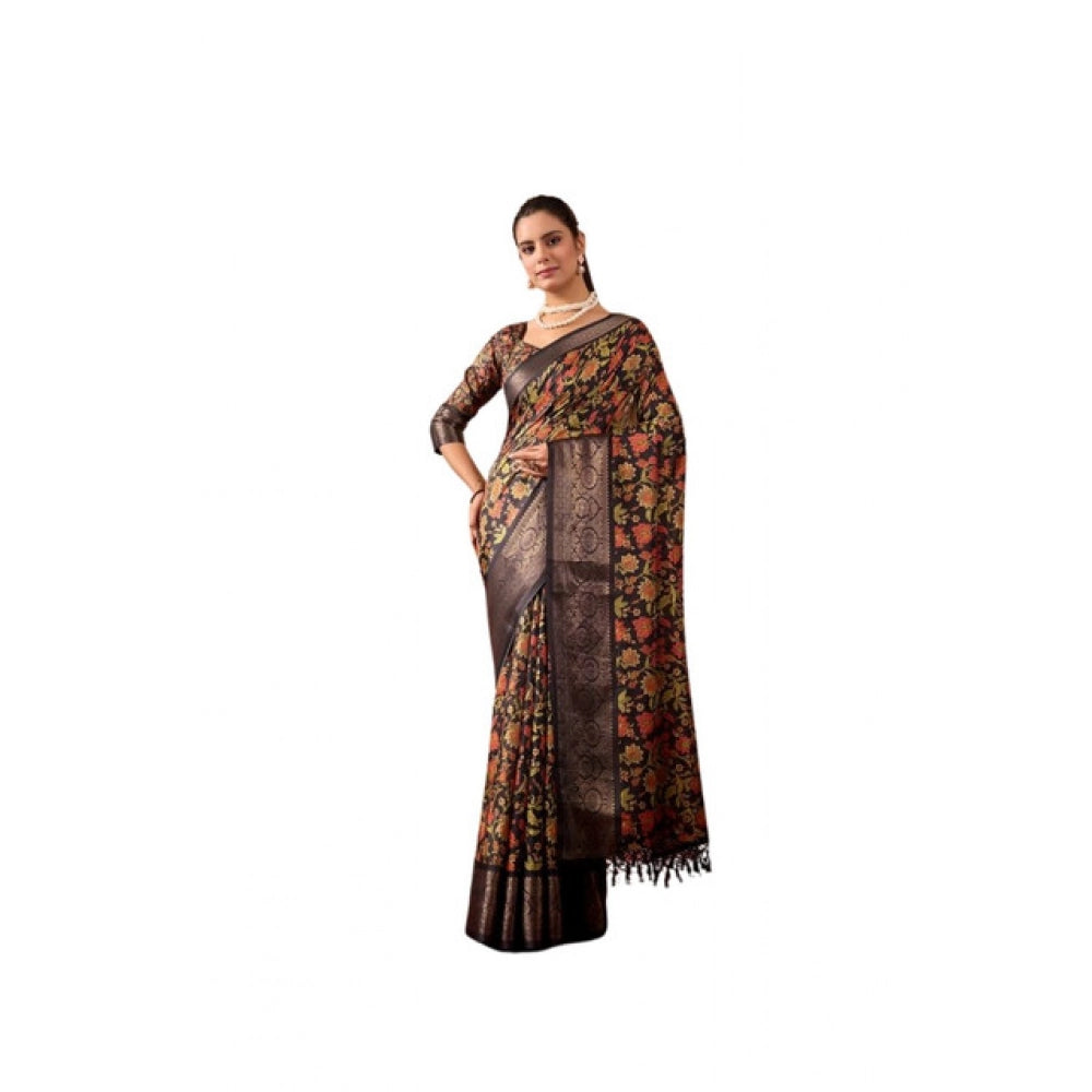 Women's Faux_Banarasi Printed Saree With Unstitched Blouse 5.5Mtr (Black)