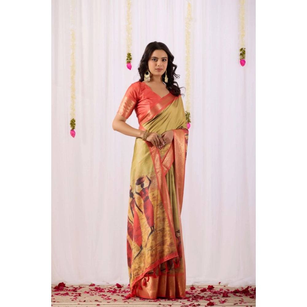 Olive faux silk printed saree with unstitched blouse, 5.5Mtr, high-quality women's traditional Indian attire on display