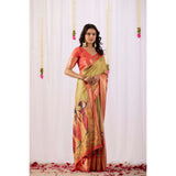 Olive faux silk printed saree with unstitched blouse, 5.5Mtr, high-quality women's traditional Indian attire on display