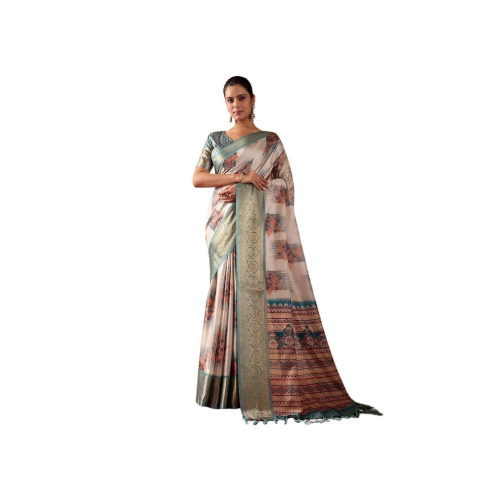 Women's Faux_Silk_Blend Printed Saree With Unstitched Blouse 5.5Mtr (Beige)