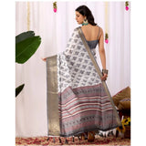 Women's Faux_Silk Printed Saree With Unstitched Blouse 5.5Mtr (White)
