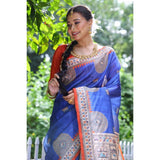 Women's Faux_Tussar_Silk Printed Saree With Unstitched Blouse 5.5Mtr (Navy_Blue)