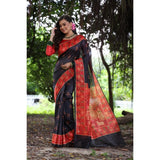 Women's Faux_Tussar_Silk Printed Saree With Unstitched Blouse 5.5Mtr (Black)