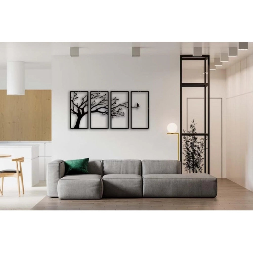 Black wood tree wall art panel frame, 3D four-piece design featuring birds, ideal for living room and home wall decor