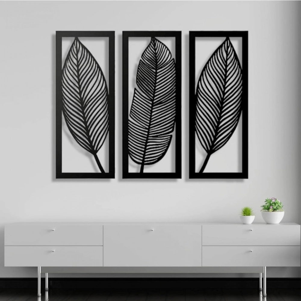 Black wooden leaf wall art panel frame set, ideal for home decor in living room, bedroom, dining room, and office