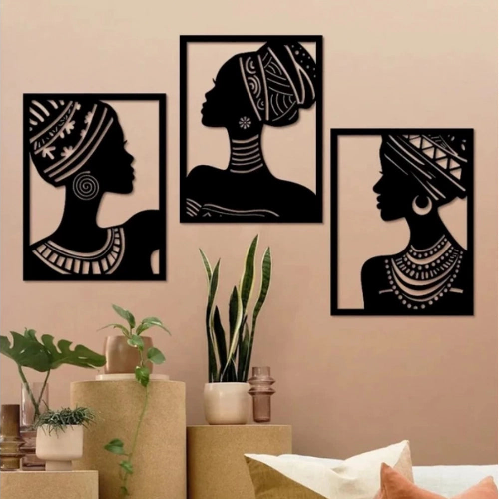 Black wooden African Elegance wall decor set of 3 panels, ideal for home or office interiors