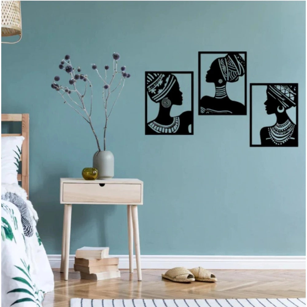Black wooden African Elegance wall decor set of 3 panels, ideal for living room or bedroom