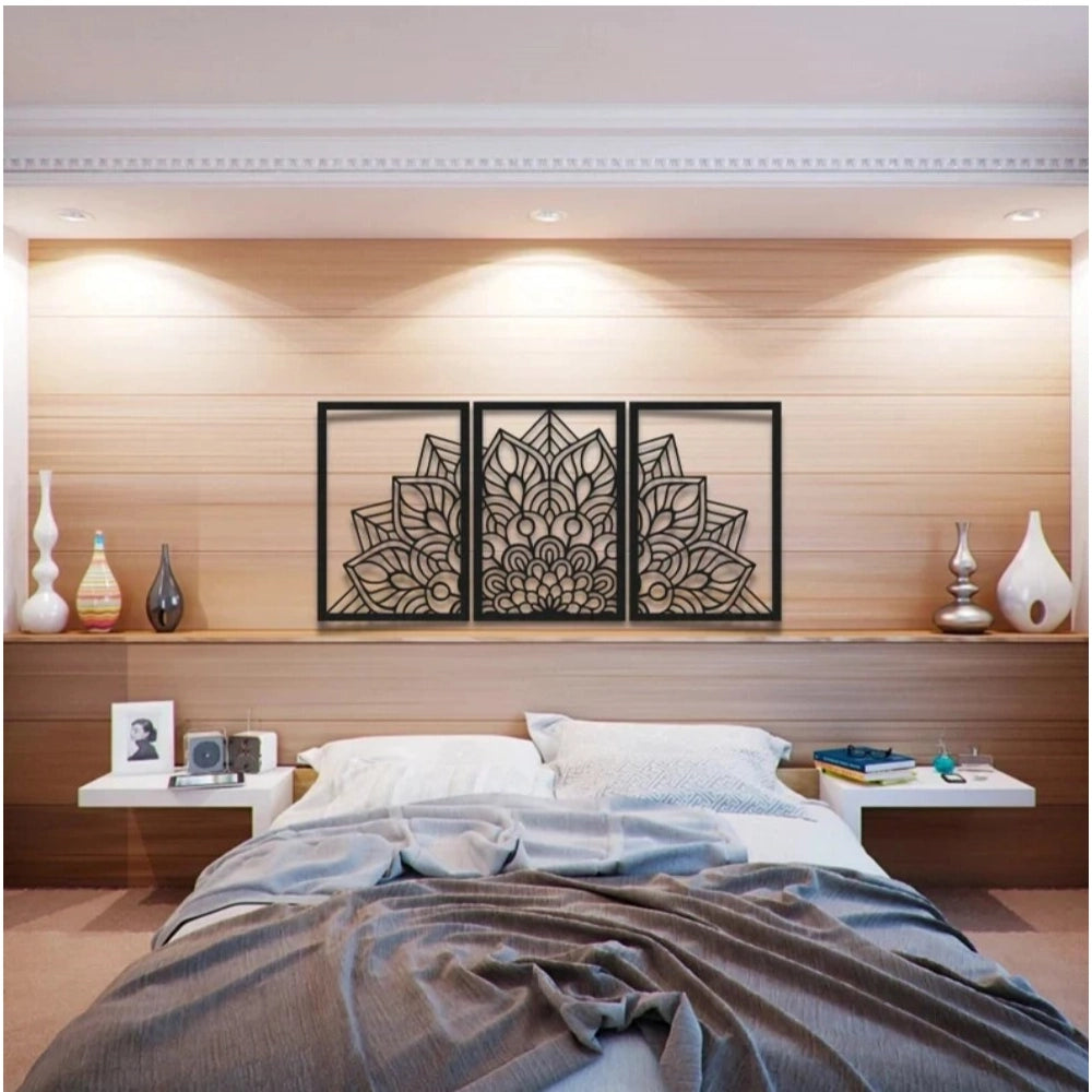 Black wooden Zen Mandala wall decor, ideal for bedroom, living room, meditation space, or office