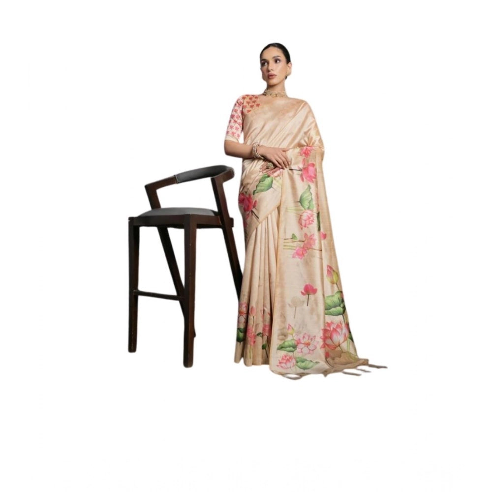 Women's Cotton Printed Saree With Unstitched Blouse 5.5 Mtr (Beige)