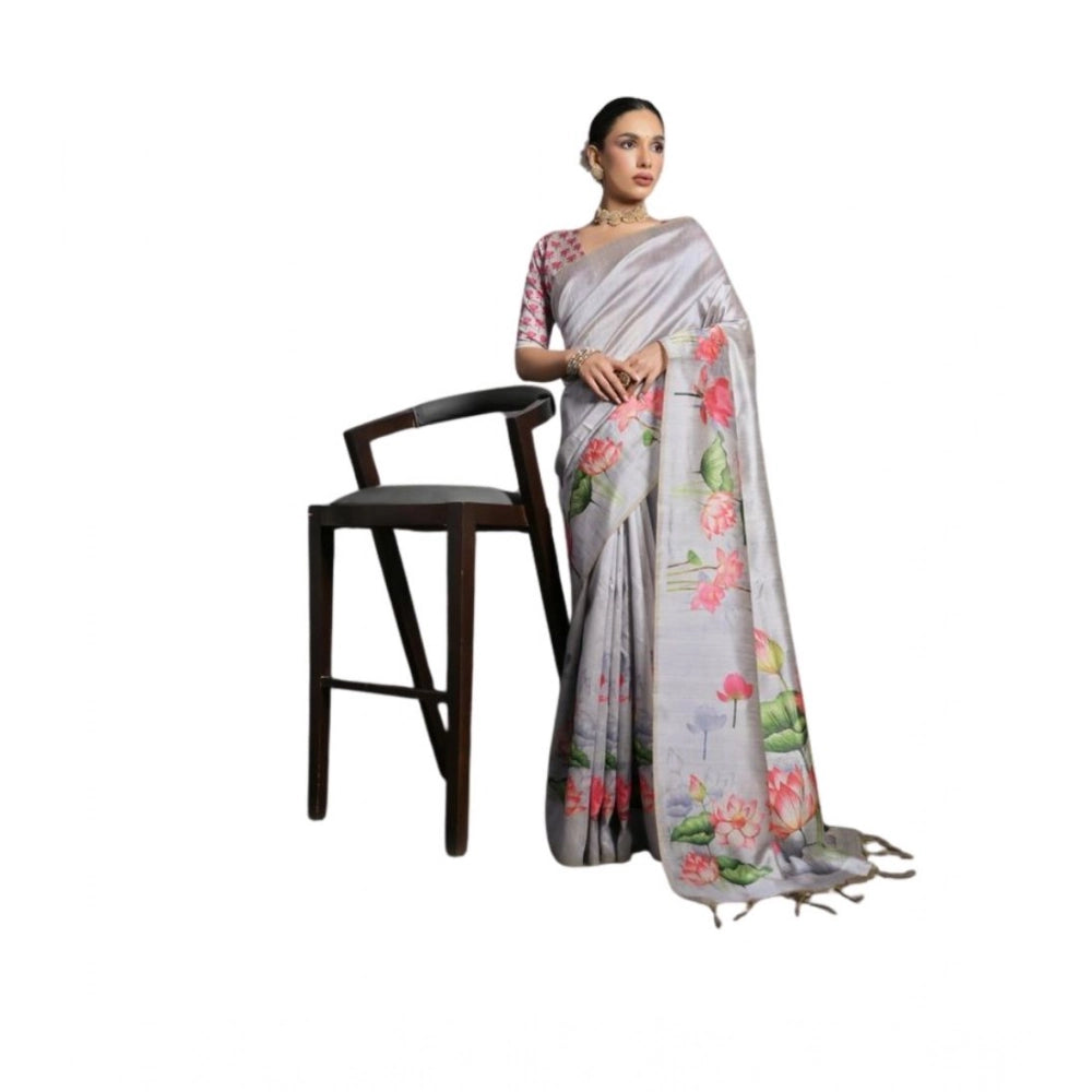 Women's Cotton Printed Saree With Unstitched Blouse 5.5 Mtr (Grey)
