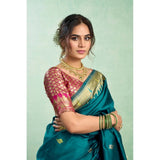 Women's Silk Blend Woven Saree With Unstitched Blouse 5.5 Mtr (Teal)