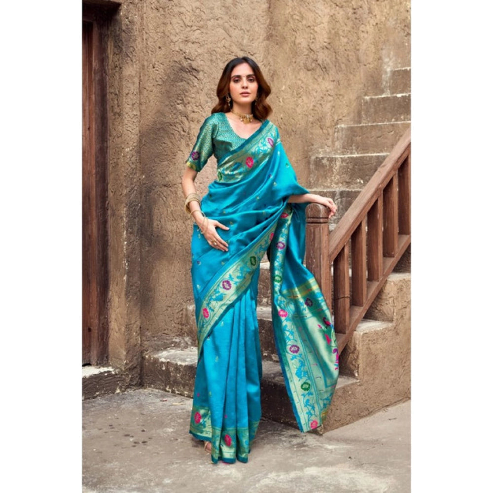 Aqua-blue silk blend woven saree with unstitched blouse (5.5 mtr), perfect for traditional Indian wear