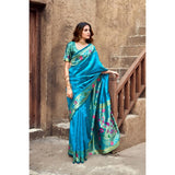 Aqua-Blue silk blend woven saree with unstitched blouse (5.5 mtr), vibrant ethnic wear for women