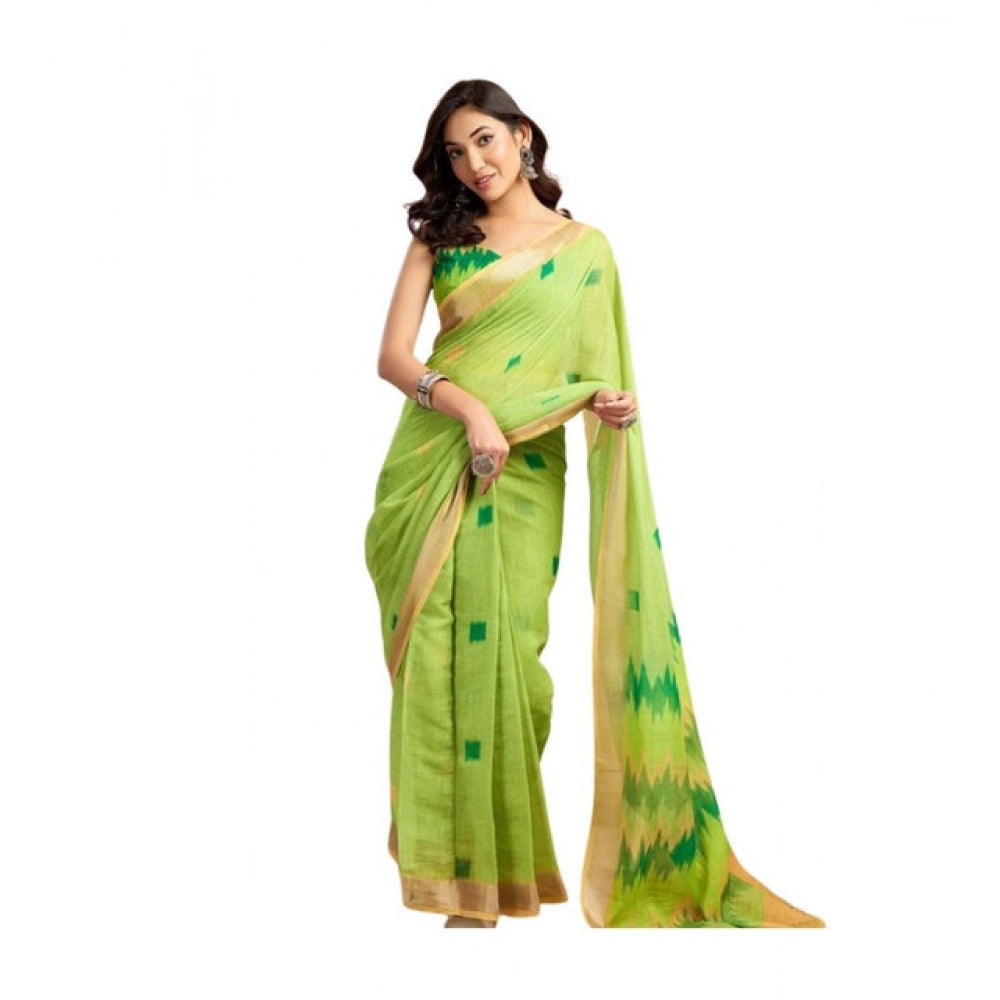 Women's Linen Cotton Printed Ready To Wear Saree With Unstitched Blouse 5.5 Mtr (Lime)