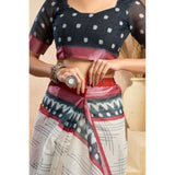 Women's Linen Cotton Printed Ready To Wear Saree With Unstitched Blouse 5.5 Mtr (Off_White)