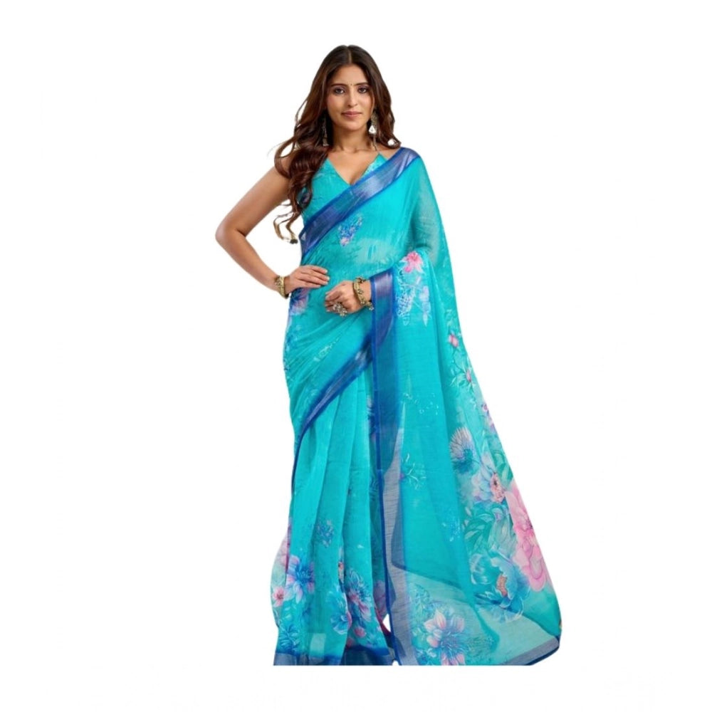 Women's Linen Cotton Printed Ready To Wear Saree With Unstitched Blouse 5.5 Mtr (Light_Aqua_Blue)