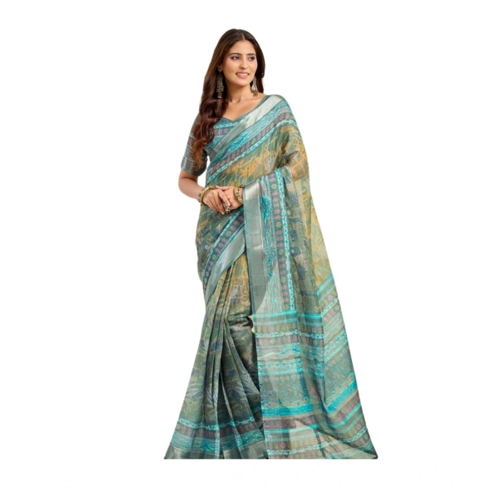 Women's Linen Cotton Printed Ready To Wear Saree With Unstitched Blouse 5.5 Mtr (Light_Green)