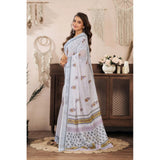 Women's Linen Cotton Printed Ready To Wear Saree With Unstitched Blouse 5.5 Mtr (Off_White)