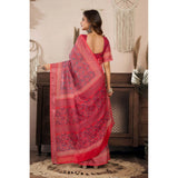 Women's Linen Cotton Printed Ready To Wear Saree With Unstitched Blouse 5.5 Mtr (Red)