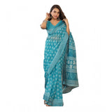 Women's Linen Cotton Printed Ready To Wear Saree With Unstitched Blouse 5.5 Mtr (Aqua_Blue)