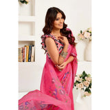 Women's Linen Cotton Printed Ready To Wear Saree With Unstitched Blouse 5.5 Mtr (Pink)