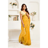 Women's Linen Cotton Printed Ready To Wear Saree With Unstitched Blouse 5.5 Mtr (Yellow)