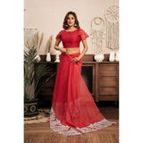 Women's Linen Cotton Printed Ready To Wear Saree With Unstitched Blouse 5.5 Mtr (Red)