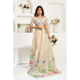 Women's Linen Cotton Printed Ready To Wear Saree With Unstitched Blouse 5.5 Mtr (Light_Beige)